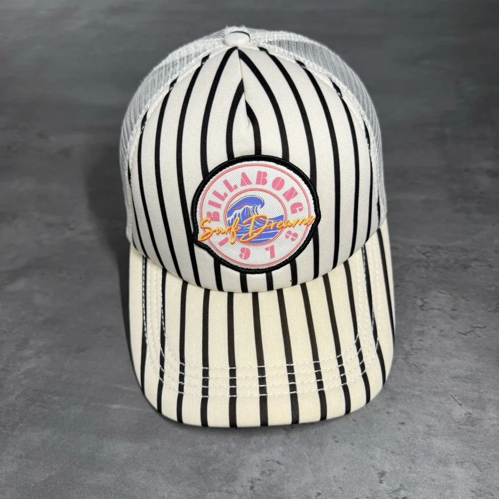 Billabong Snapback Hat Black Stripe Geometric Foam Mesh Trucker‎ Cap Surf Skate